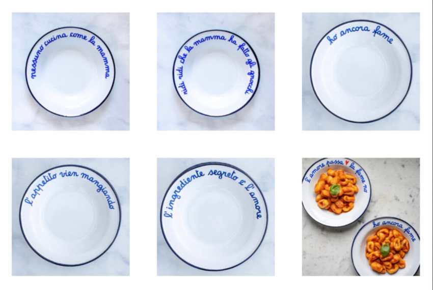Enamel pasta bowls with Italian phrases