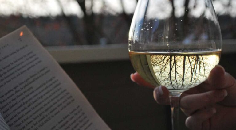 Book and glass of white wine - by Jonathan Hoeglund